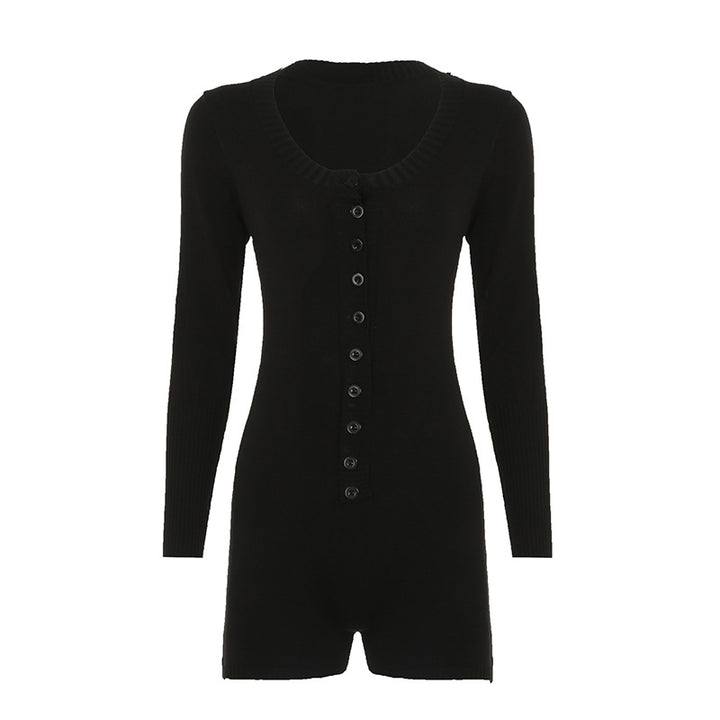 Women's figure-hugging fine knit mini dress with button placket, boat neck and extended ribbed cuffs Mune Fashion