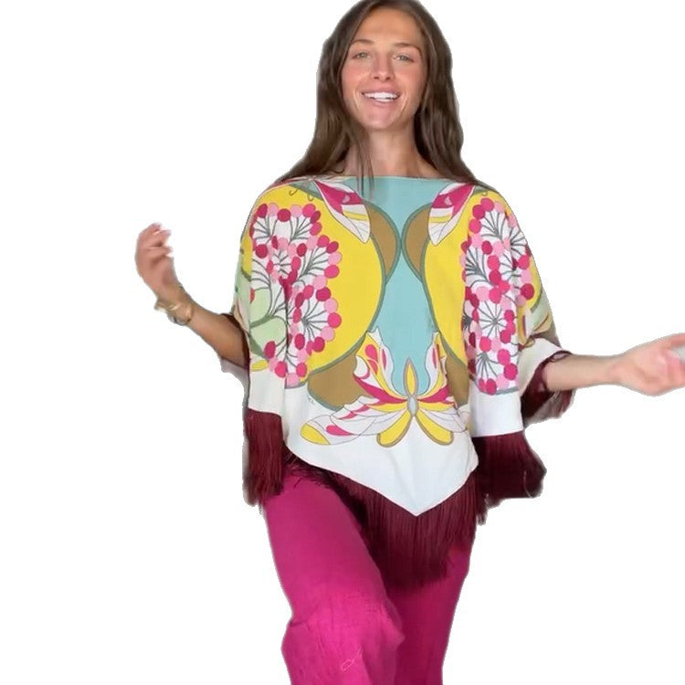 Ladies Silk Print Poncho with Retro Floral Pattern and Long Fringes Mune Fashion