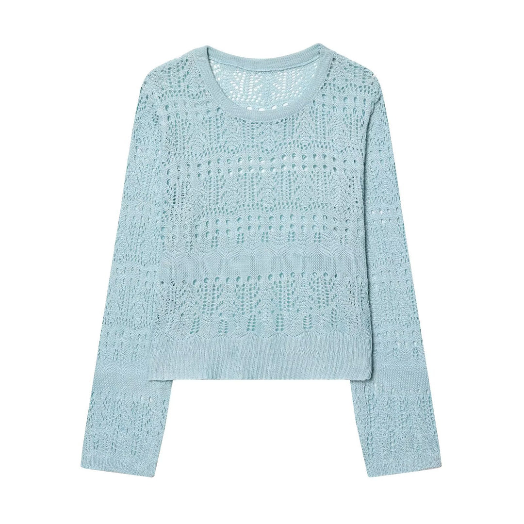 Women's fine knit openwork pullover with round neck and delicate lace pattern Mune Fashion
