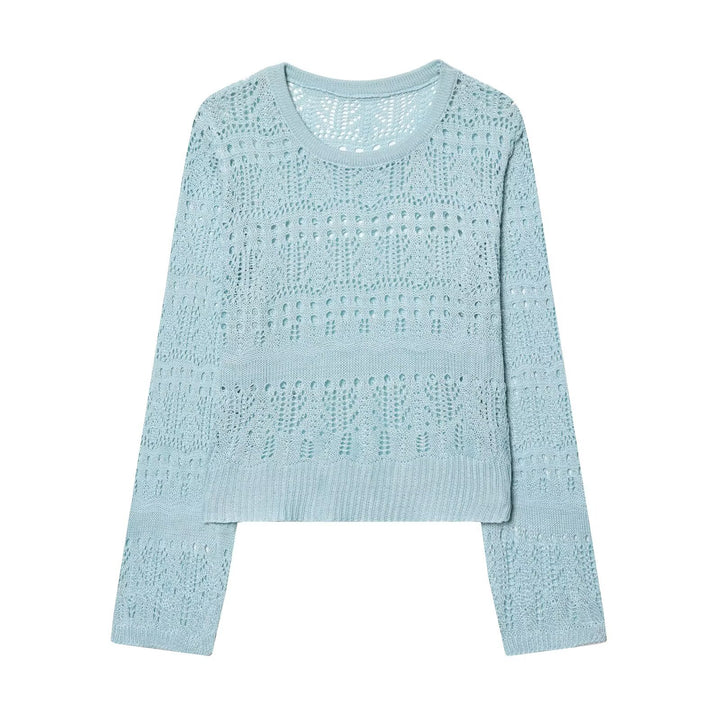 Women's fine knit openwork pullover with round neck and delicate lace pattern Mune Fashion