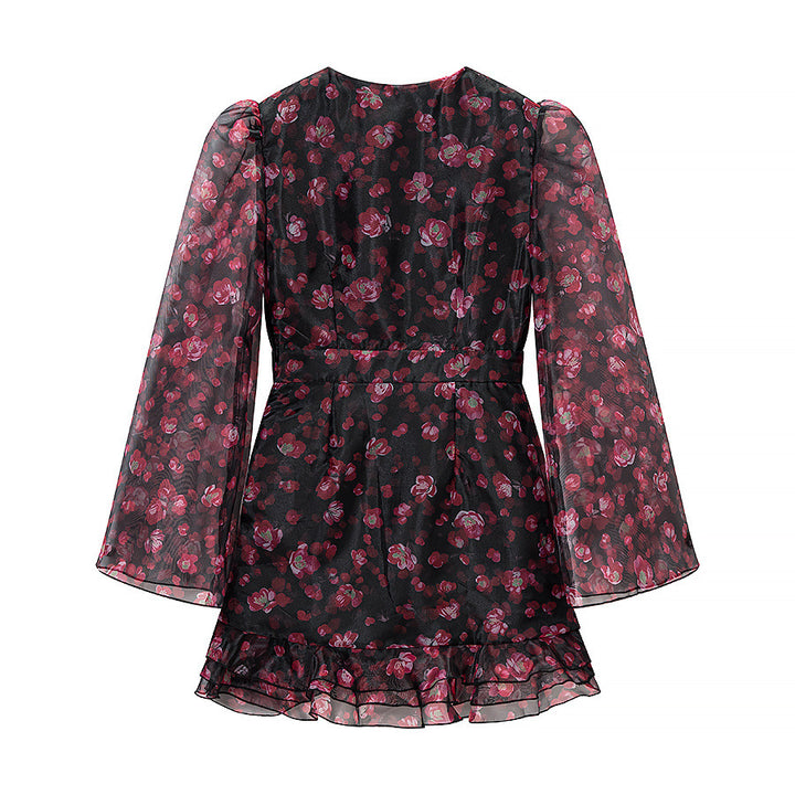 Women's Floral Chiffon Mini Dress with Deep V-Neck, Ruffle Layers and Trumpet Sleeves Mune Fashion