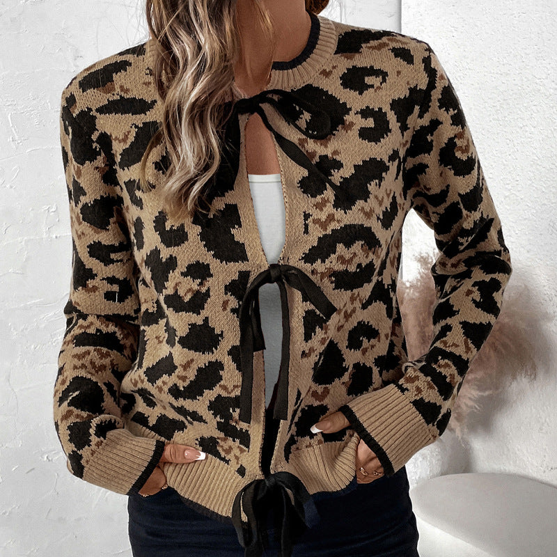 Women's leopard pattern knitted cardigan with tie bows and ribbed cuffs Mune Fashion