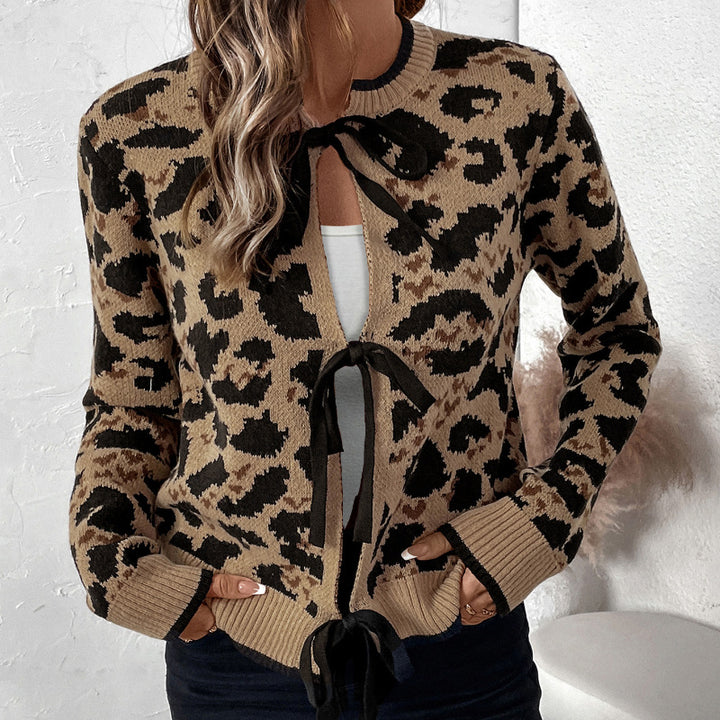 Women's leopard pattern knitted cardigan with tie bows and ribbed cuffs Mune Fashion