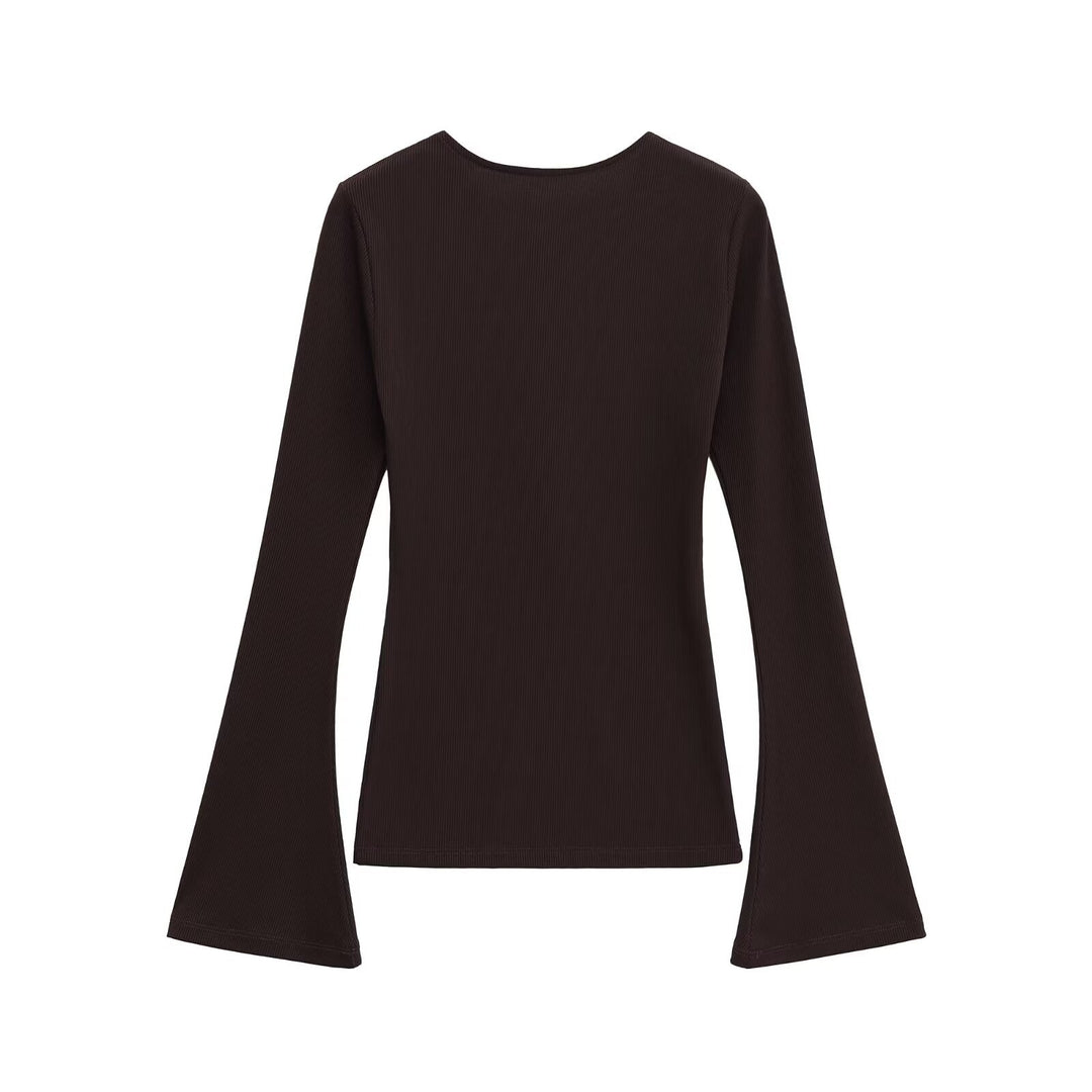 Women's Figure-Hugging Ribbed Shirt with Off-the-Shoulder Neckline and Flared Bell Sleeves Mune Fashion