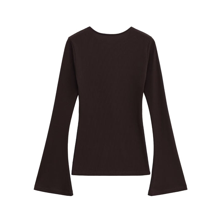 Women's Figure-Hugging Ribbed Shirt with Off-the-Shoulder Neckline and Flared Bell Sleeves Mune Fashion