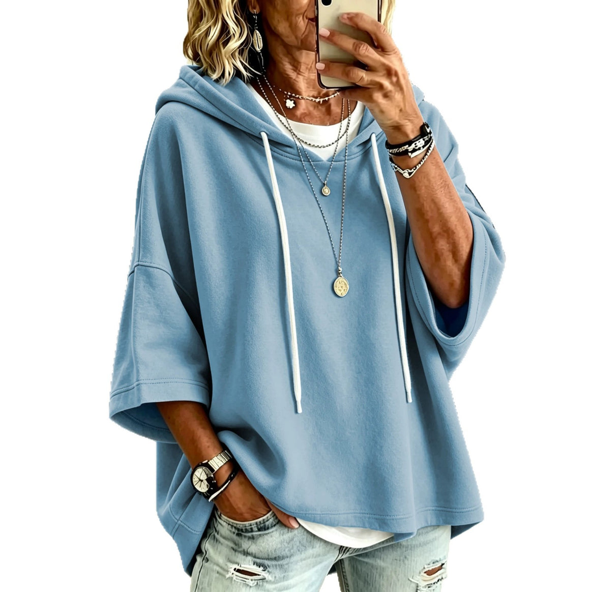 Women's Short Sleeve Oversized Hoodie with Hood and Contrast Drawstring Mune Fashion