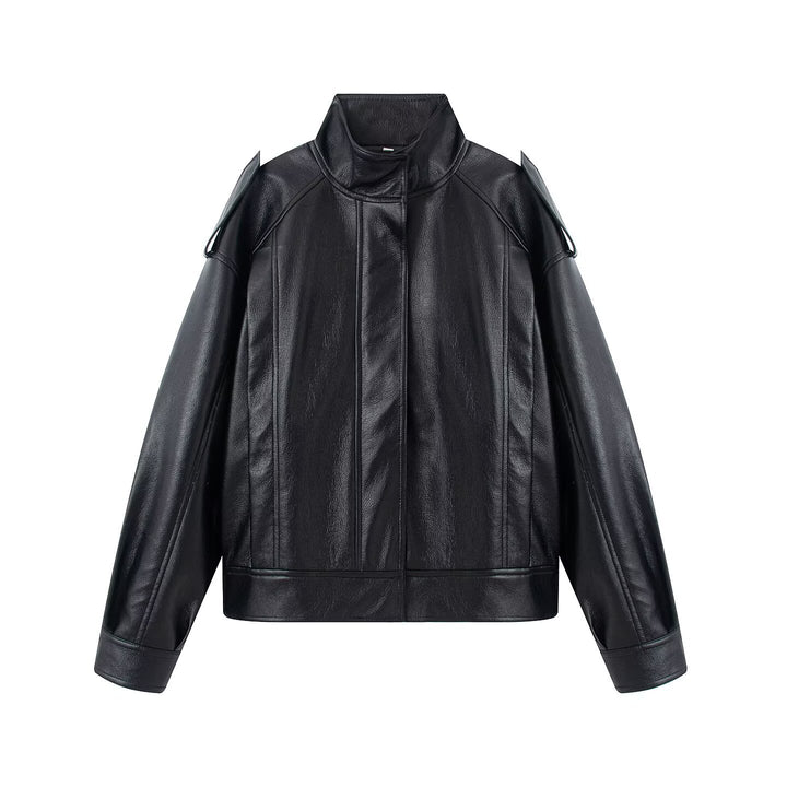 Women's short jacket in leather look with stand-up collar, dropped shoulder section and decorative shoulder epaulettes Mune Fashion