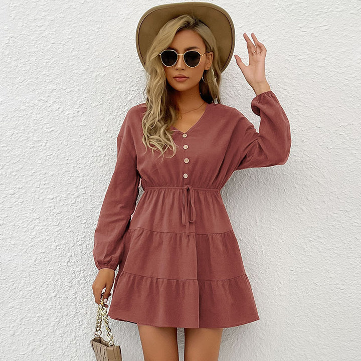 Women's Layered Viscose Mini Dress with Waist Cord and Button Detail Mune Fashion