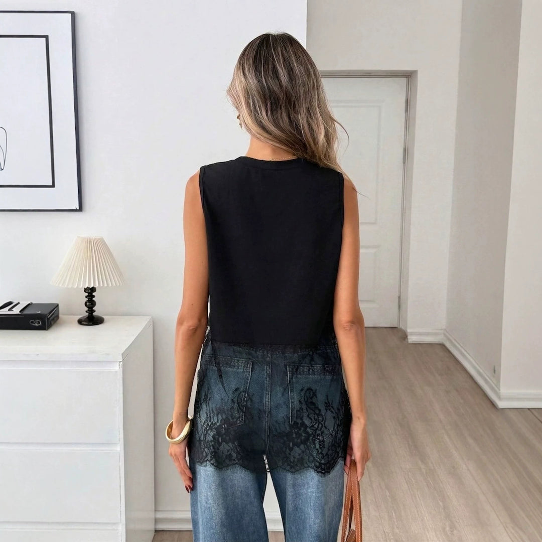 Women sleeveless loosely cut top with lace overlay and round neck Mune Fashion