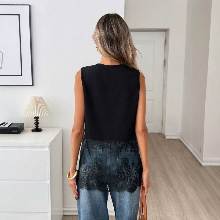 Women sleeveless loosely cut top with lace overlay and round neck Mune Fashion