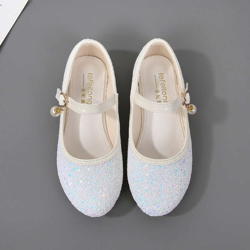 Girl Glittering Mary Jane Ballet Flats with Pearl Application Mune Fashion
