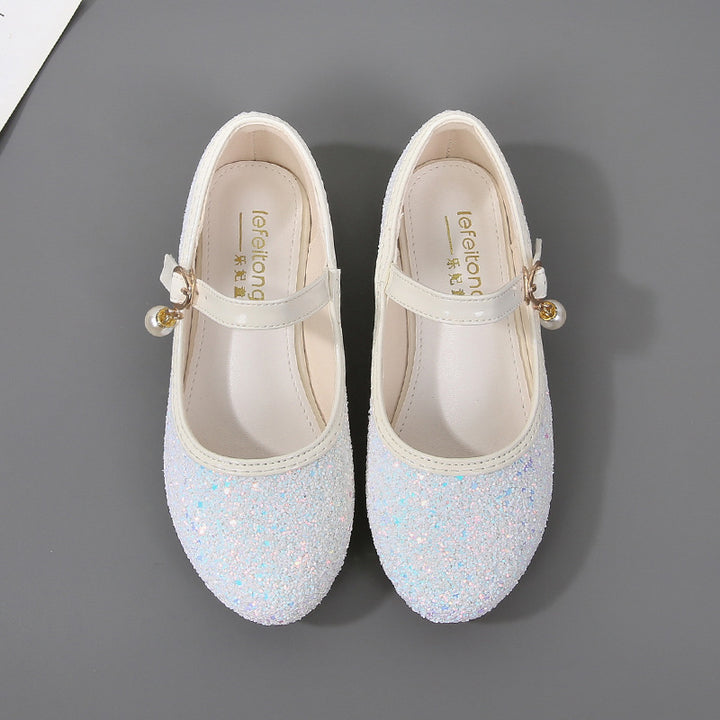 Girl Glittering Mary Jane Ballet Flats with Pearl Application Mune Fashion