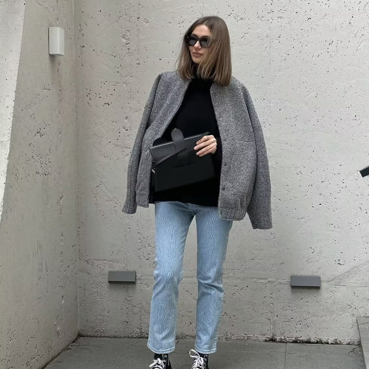 Women’s nan boxy wool blend blouson with stand-up collar, concealed front placket, side pockets and elastic hem Mune Fashion