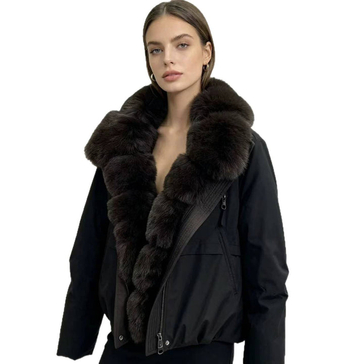 Women's tailored parka bomber jacket with voluminous faux fur collar and windproof outer shell Mune Fashion