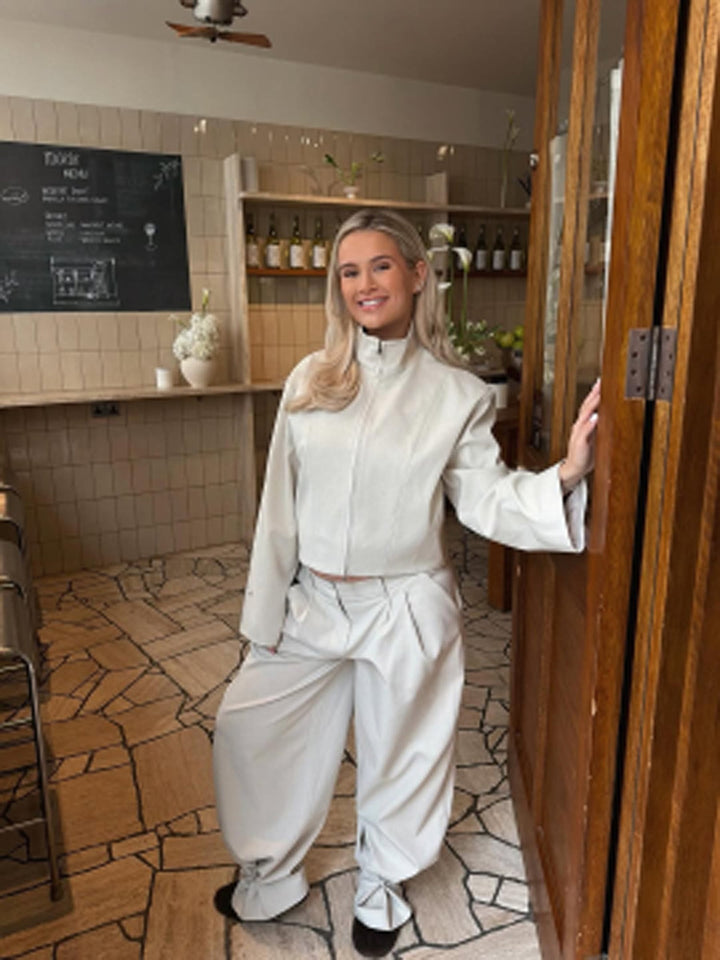Women's Short Jacket with Stand Collar and Wide Pleated Trousers Set Mune Fashion