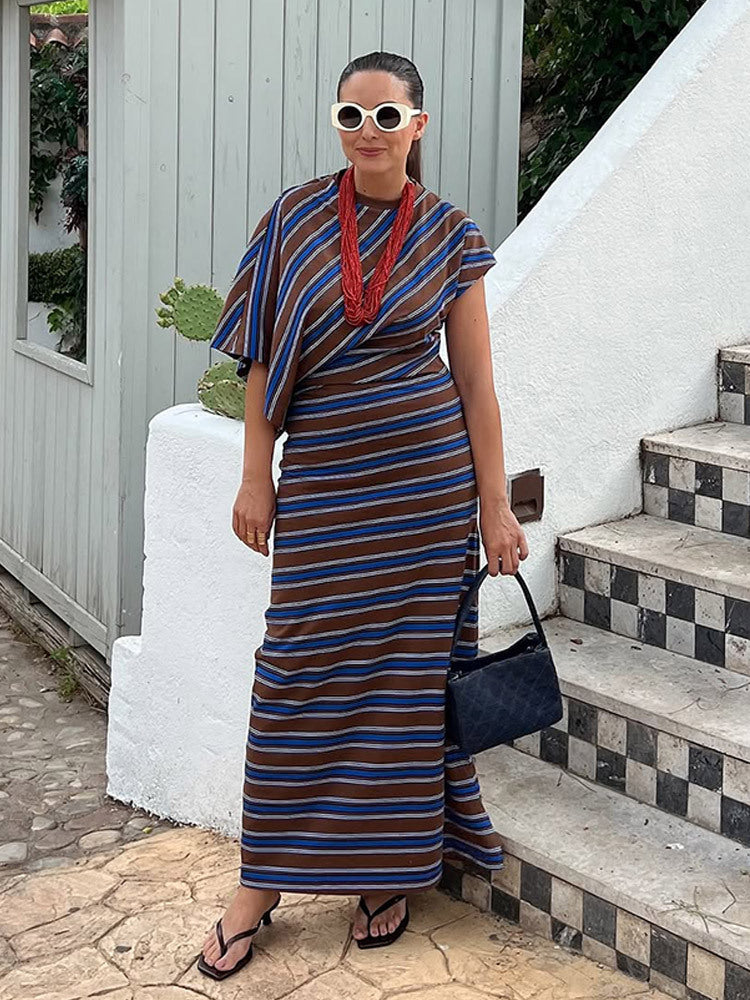 Women's Striped Maxi Dress with Asymmetrical Cape Sleeves & Tailored Silhouette Mune Fashion