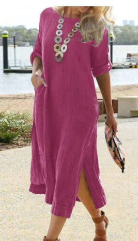 Women Linen Look Midi Dress with Side Slits, Patch Pockets and Three-Quarter Sleeves Mune Fashion