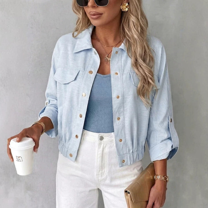 Women's Lightweight Chambray Boxy Jacket with Elastic Waistband, Snap Buttons, and Patch Chest Pockets Drune