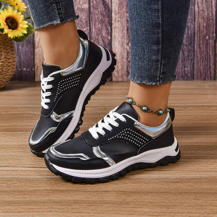 Women's trendy city chunky sneakers with metallic accents, decorative studs, and cushioning lightweight sole Mune Fashion