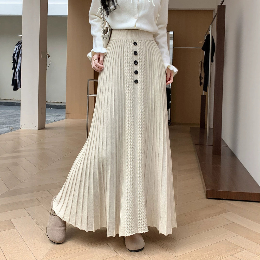 Ladies Elegant Pleated Maxi Skirt with Button Details Mune Fashion
