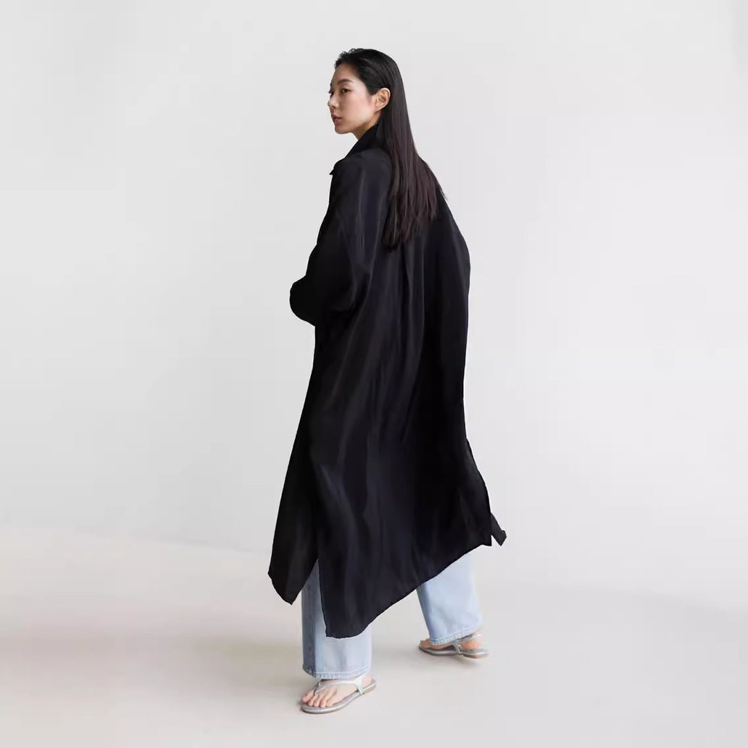 Ladies Long Satin Effect Duster with Stand Collar, Oversized Cut and Deep Side Slits Mune Fashion