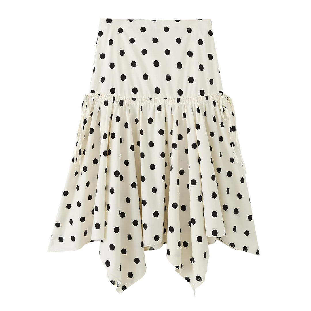 Women's midi skirt with asymmetrical jagged hem, polka dot pattern and high waistband Mune Fashion