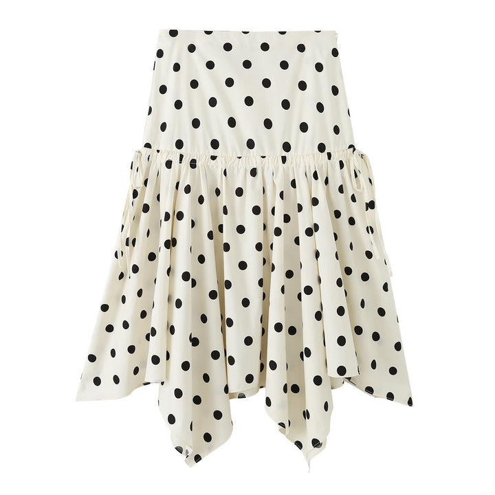 Women's midi skirt with asymmetrical jagged hem, polka dot pattern and high waistband Mune Fashion