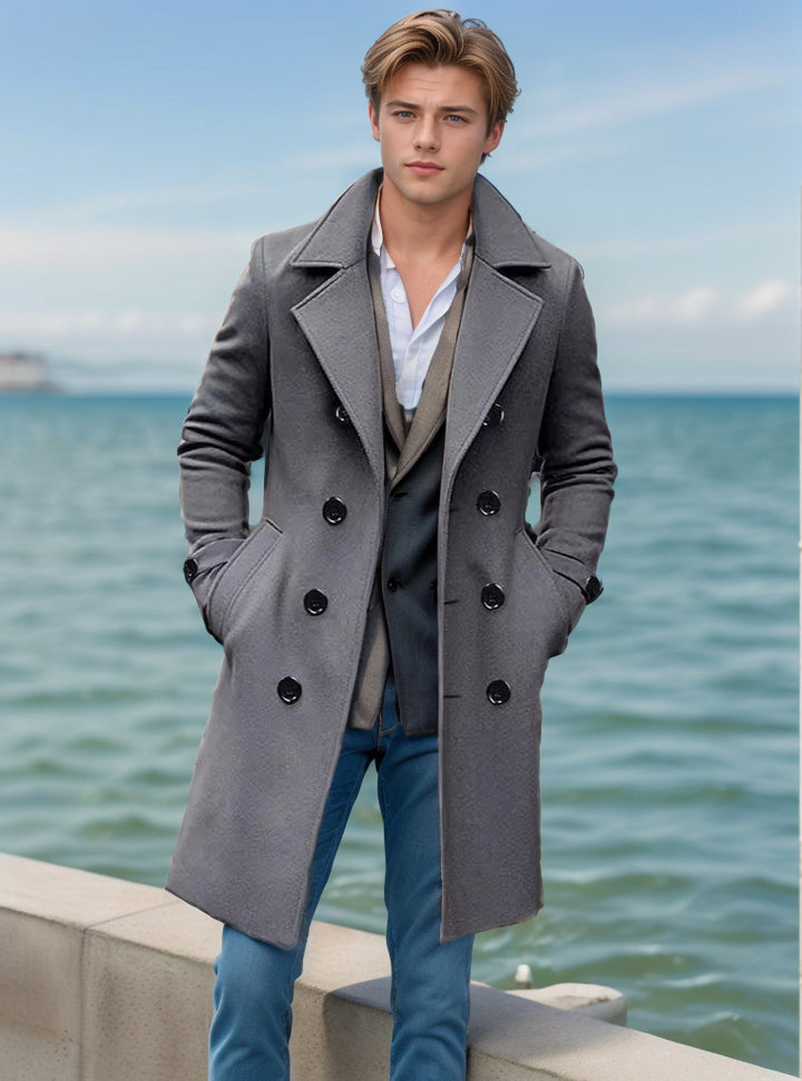 Men's Elegant Single-Breasted Long Coat Made of Wool Blend with Slim Silhouette and Lapel Collar Mune Fashion