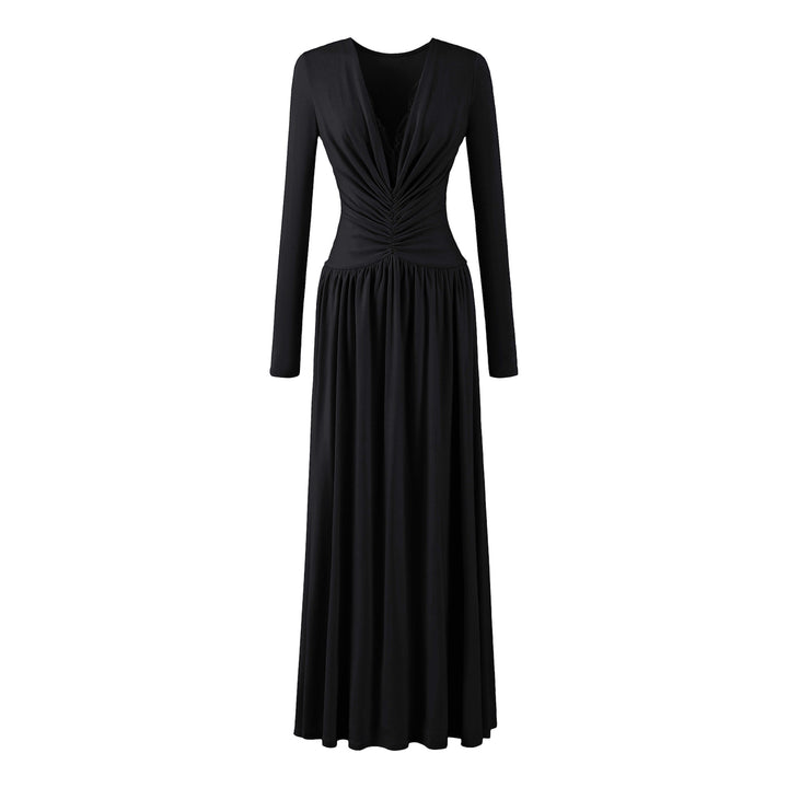 Women Maxi Dress with Ruched Wrap Top, Deep V-Neck and Lace Trim Mune Fashion