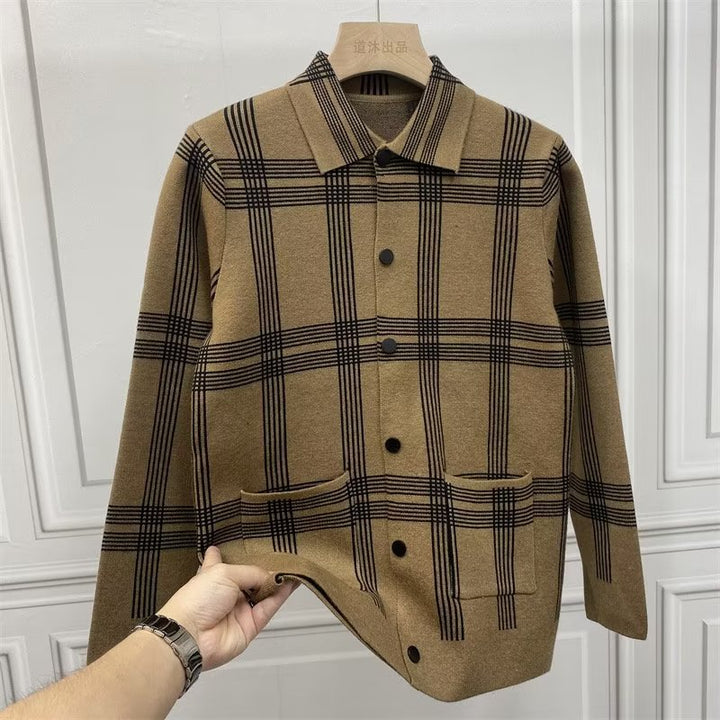 Men's Lightweight Knit Transitional Shirt Jacket with Check Pattern and Patch Pockets Mune Fashion