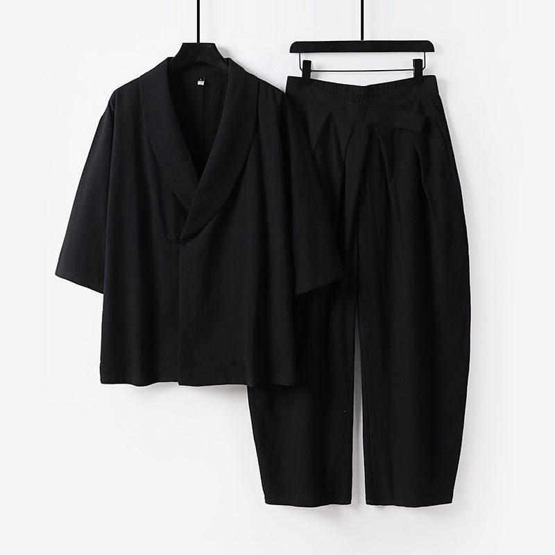 Women's Two-Piece Kimono Loungewear Set with Shawl Collar Short Sleeve Top and High-Waisted Pleated Pants Mune Fashion