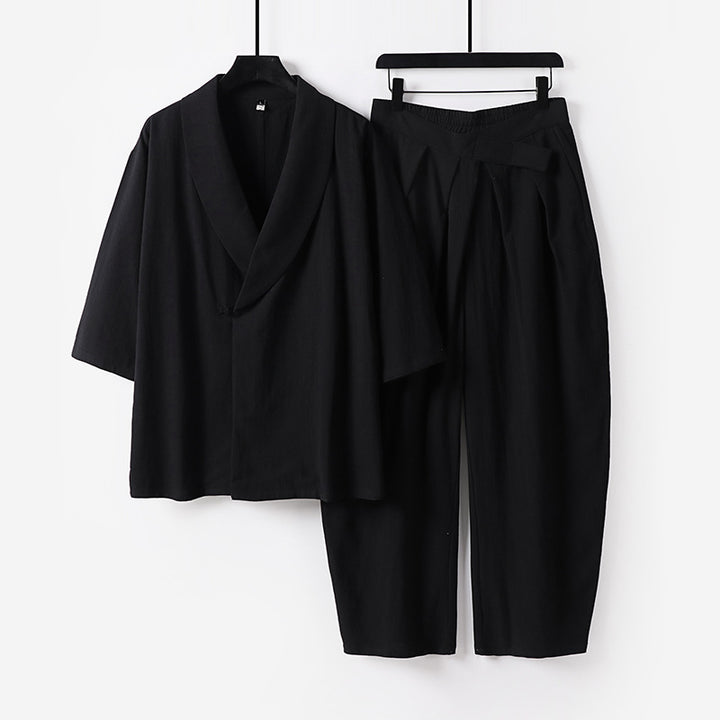 Women's Two-Piece Kimono Loungewear Set with Shawl Collar Short Sleeve Top and High-Waisted Pleated Pants Mune Fashion