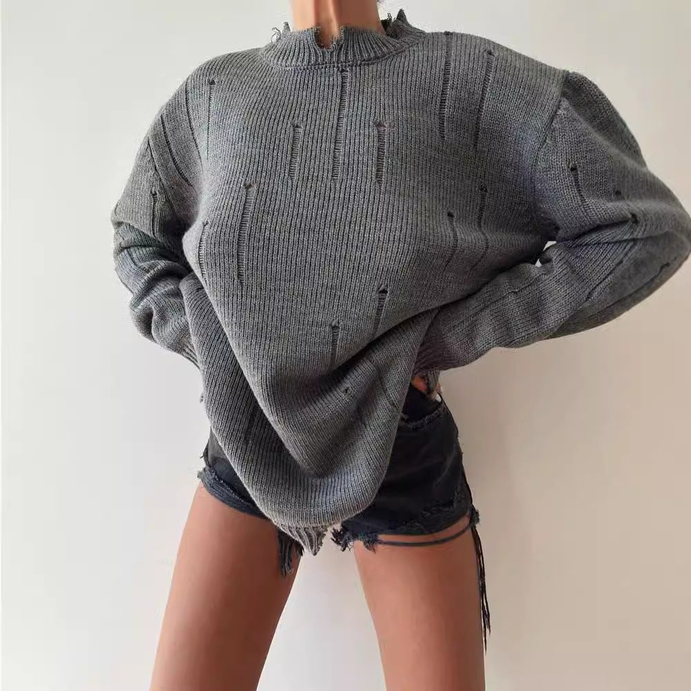 Women Oversized Chunky Knit Sweater with Distressed Details and Ribbed Hem Mune Fashion