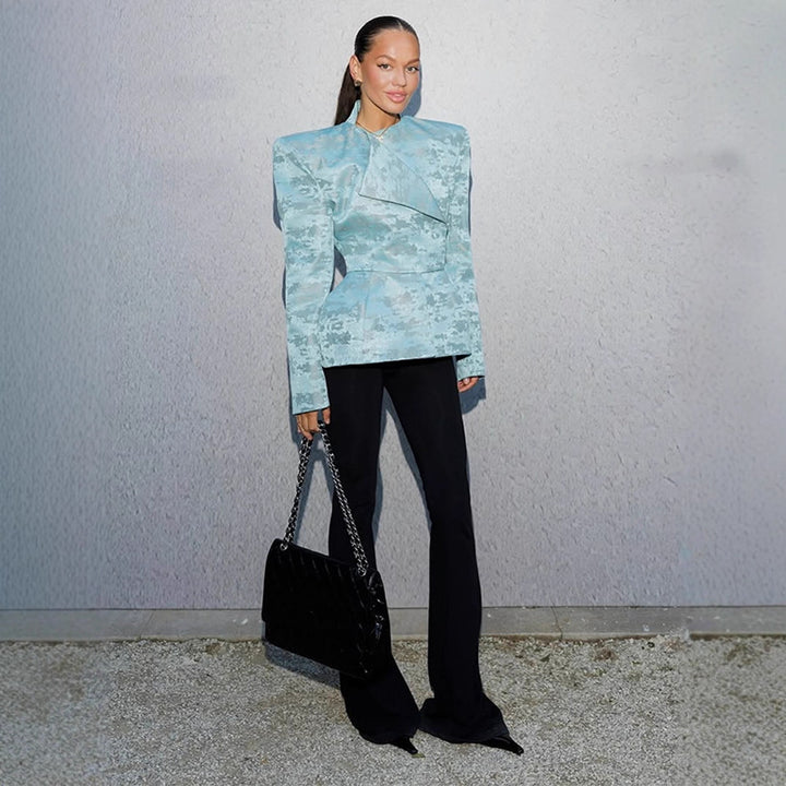 Ladies Tailored Jacquard Blazer with Defined Shoulders, Peplum and Asymmetrical Lapel Mune Fashion