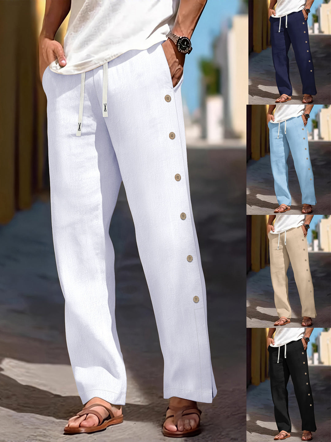 Men's loose leisure pants with side decorative button placket, drawstring waistband, and deep front pockets Mune Fashion
