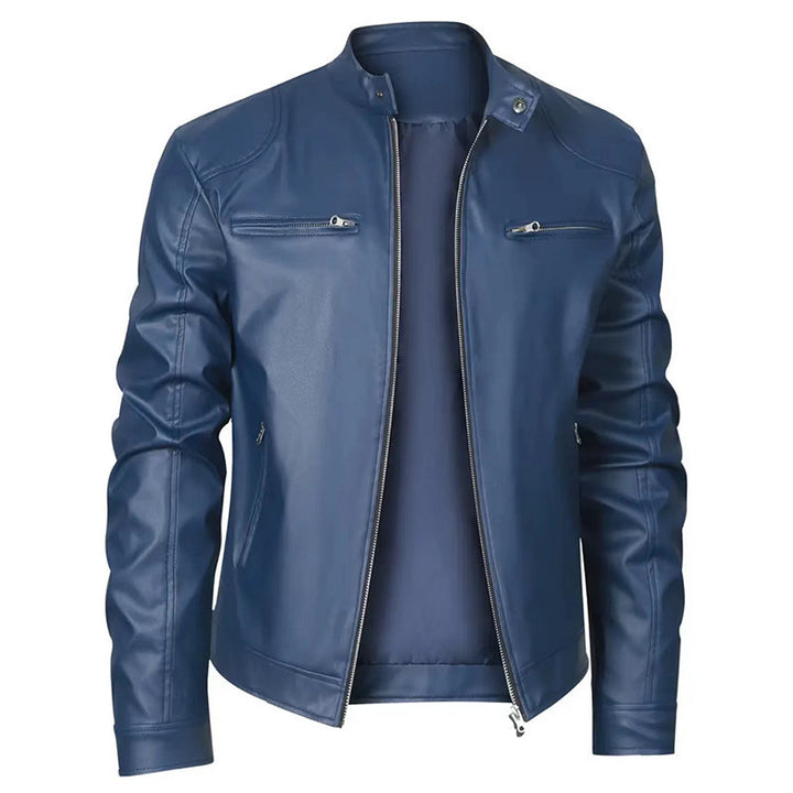 Men's slim faux leather biker jacket with stand-up collar, full zip and two chest pockets Mune Fashion