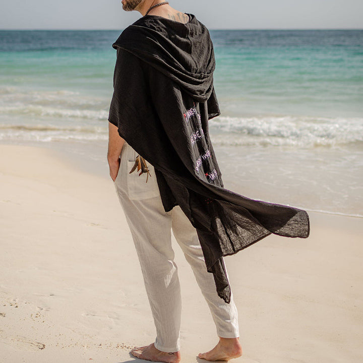 Men's Long Hooded Beach Coat made of Soft Terry with 3/4 Sleeves and Patch Pockets Mune Fashion