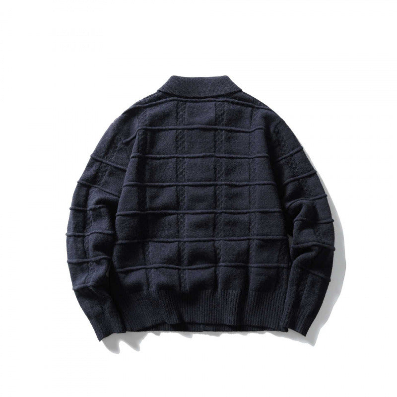 Unisex Boxy Cardigan with Shirt Collar and Structured Check Pattern Mune Fashion