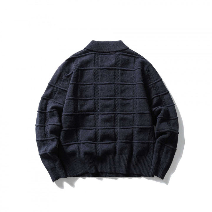 Unisex Boxy Cardigan with Shirt Collar and Structured Check Pattern Mune Fashion