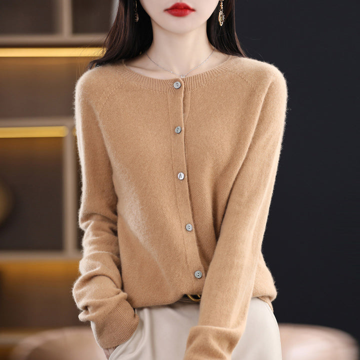 Women's Short-Cut Cardigan in Mohair-Look with Round Neckline and Pearl Buttons Mune Fashion