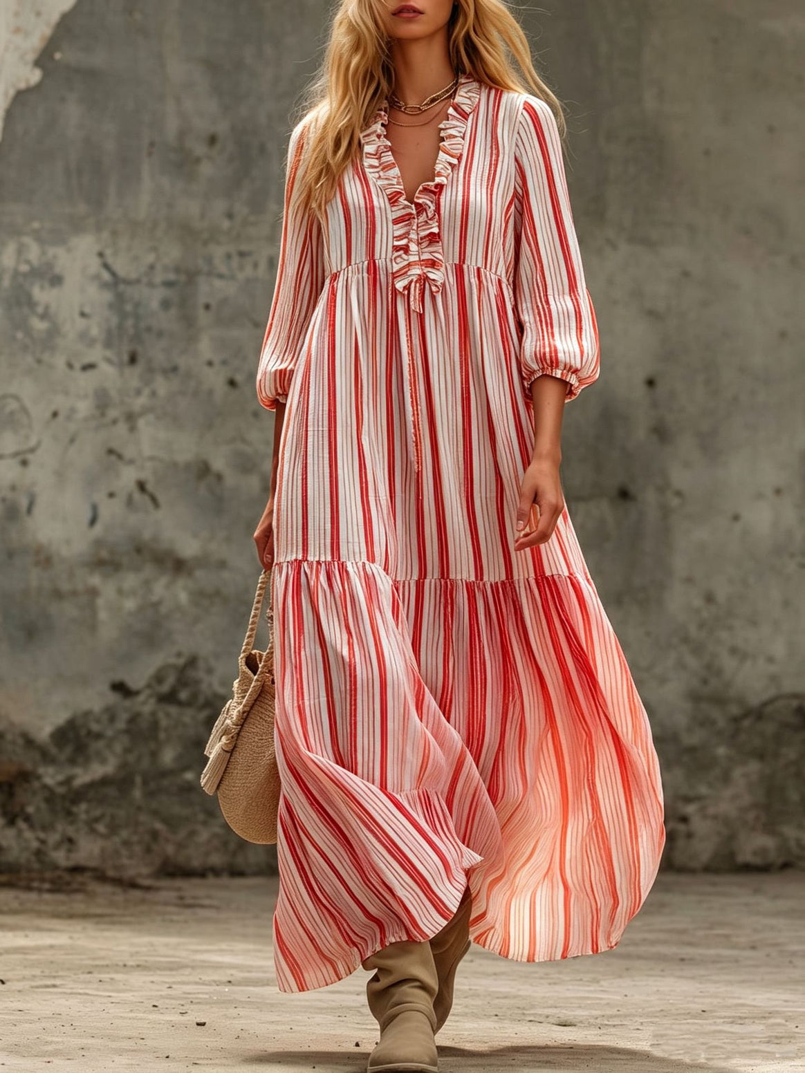 Women's Maxi Dress with Ruffle V-Neck and Balloon Sleeves Mune Fashion