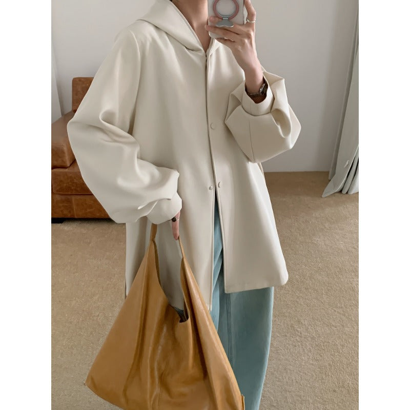 Women's Oversize Midi Coat with Hood, Concealed Button Placket and Voluminous Sleeves Mune Fashion