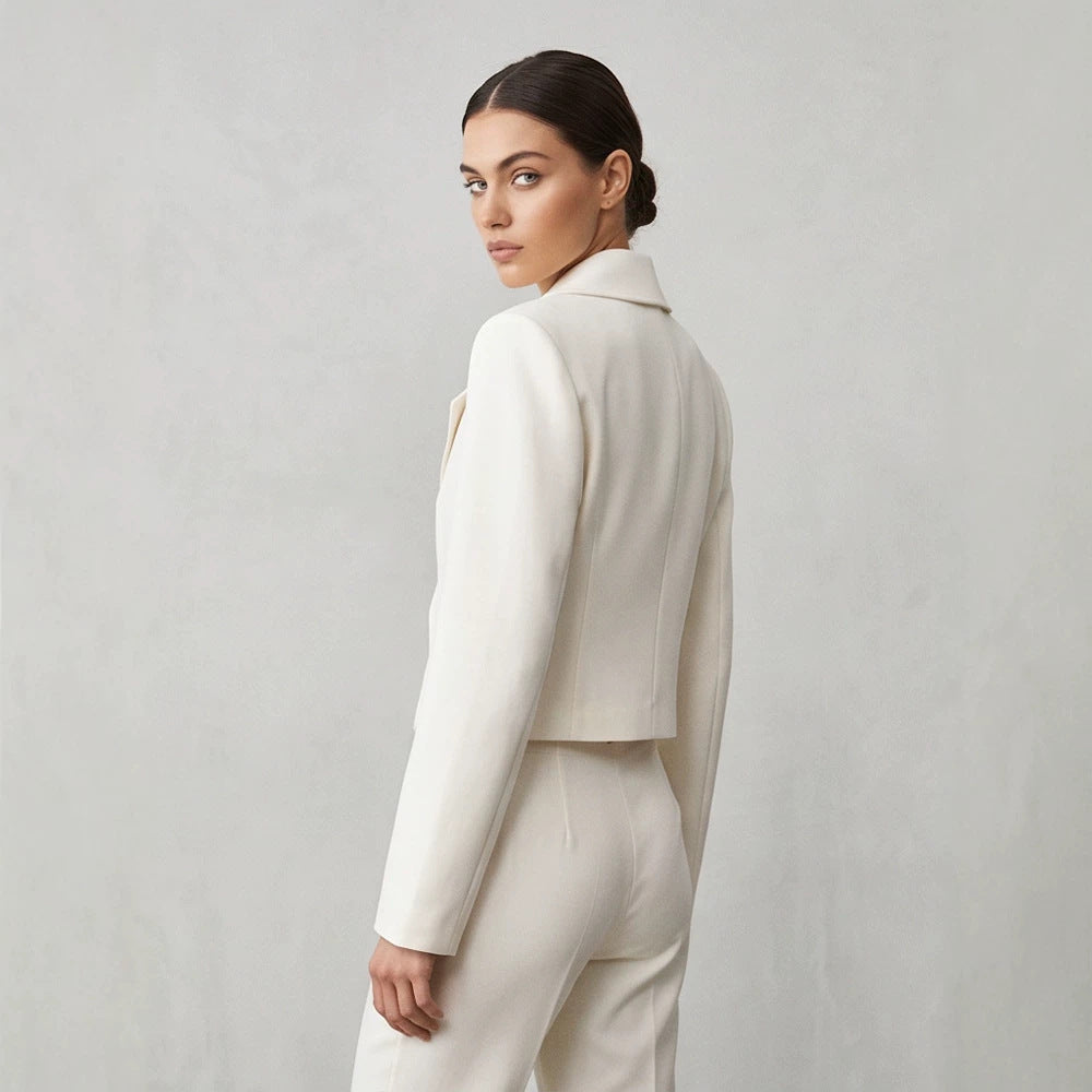 Women's Short Tailored Double-Breasted Shawl Collar Blazer with Emphasized Shoulder Area Mune Fashion