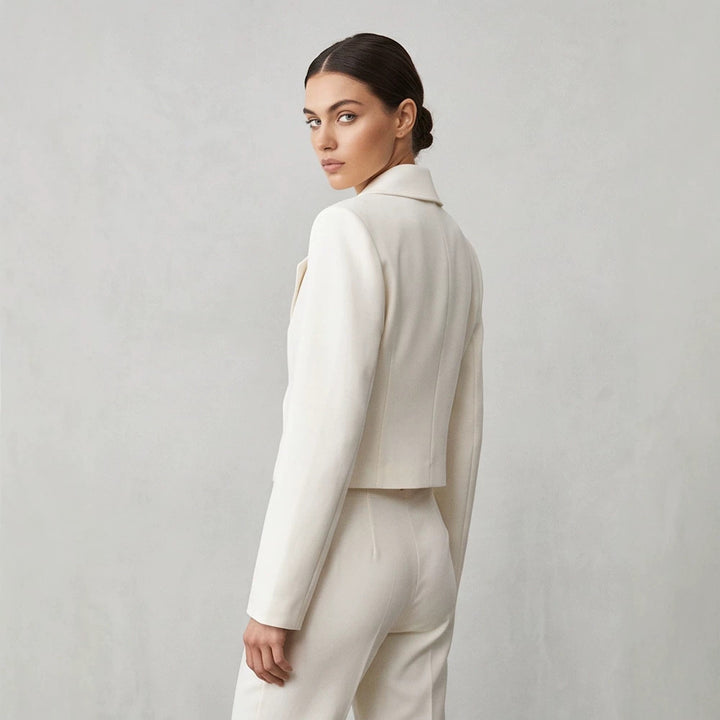 Women's Short Tailored Double-Breasted Shawl Collar Blazer with Emphasized Shoulder Area Mune Fashion