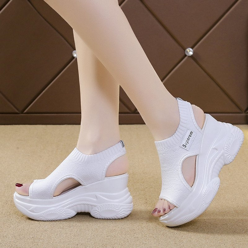 Women Platform Sandals with Elastic Knitted Shaft and Sporty Profile Sole Mune Fashion