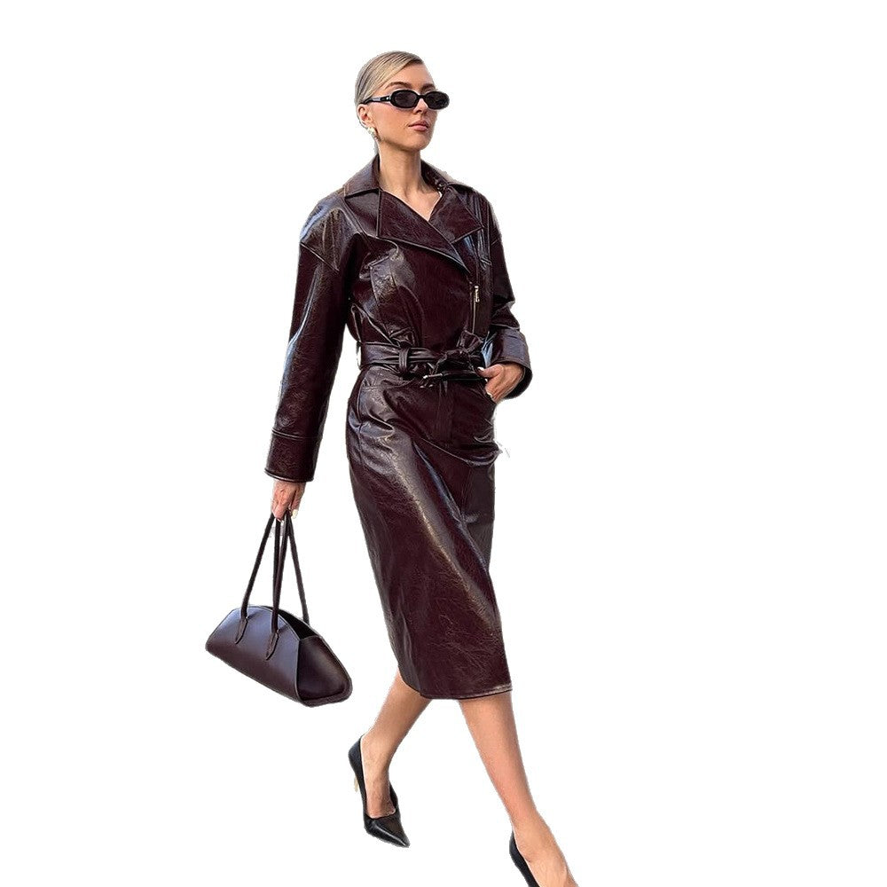 Women's Patent Leather Biker Jacket with Oversized Lapels, Boxy Cut & Visible Zipper Mune Fashion