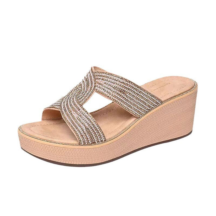Women's glamorous platform slippers with crossed rhinestone straps and ergonomic comfort footbed Mune Fashion