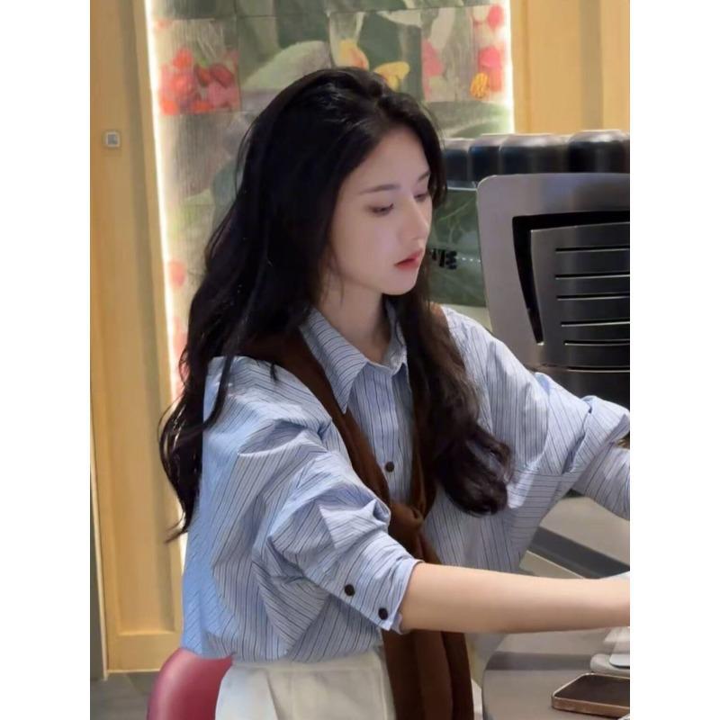 Women Oversized Striped Cotton Shirt Blouse with Rolled-up Sleeves and Shirt Collar Mune Fashion