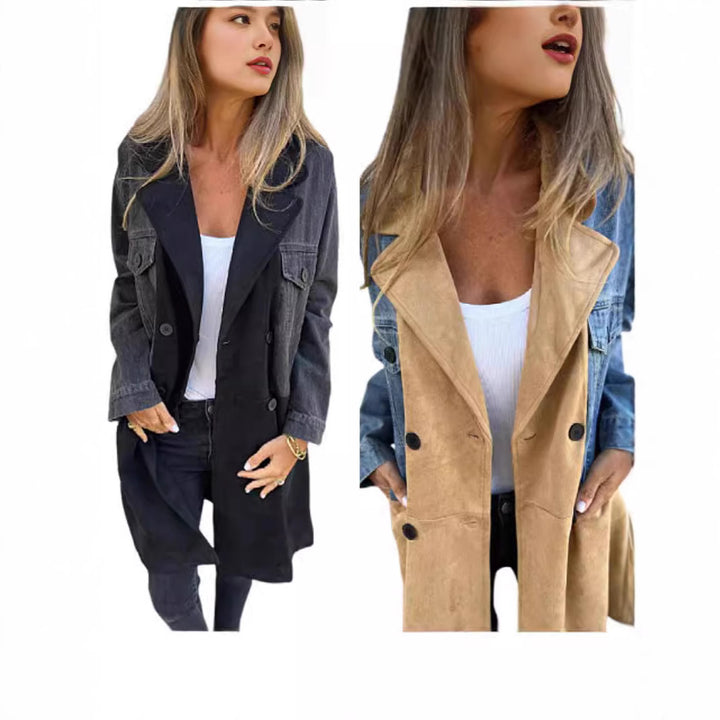 Women's Oversize Jeans Blazer with Contrasting Suede Insert and Double Button Placket Mune Fashion