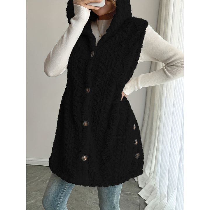 Women's Hooded Teddy Vest with Structured Cable Knit Pattern and Decorative Button Placket Mune Fashion